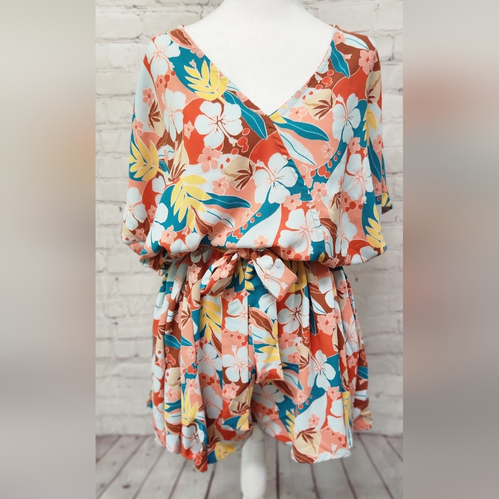 Tropical Trance Coral Tropical Floral Surplice Woven Romper - Picture 1 of 5
